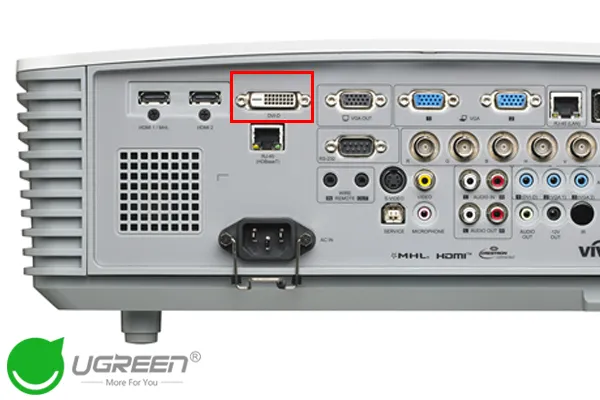 Cổng DVI trên máy chiếu, yêu cầu cáp chuyển đổi HDMI to DVI để hiển thị hình ảnh từ máy tính