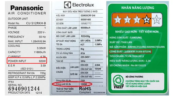 Ví dụ về nhãn năng lượng và thông số kỹ thuật (công suất tối đa, trung bình) trên máy lạnh