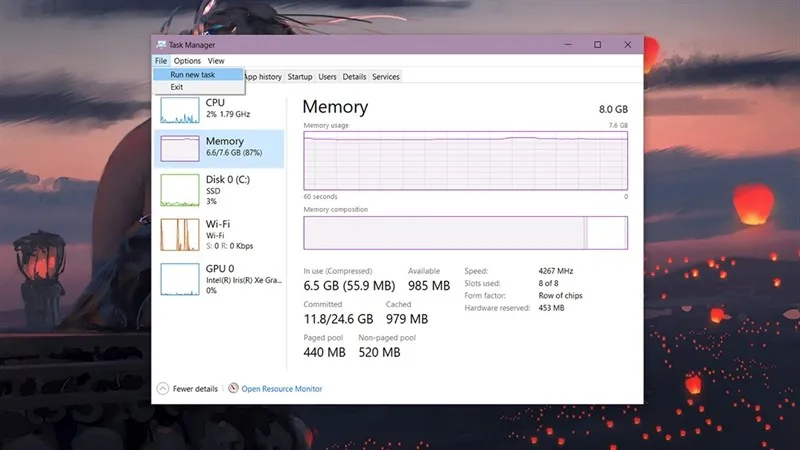 Giao Diện Task Manager Với Lựa Chọn Chạy Tác Vụ Mới (Run New Task)