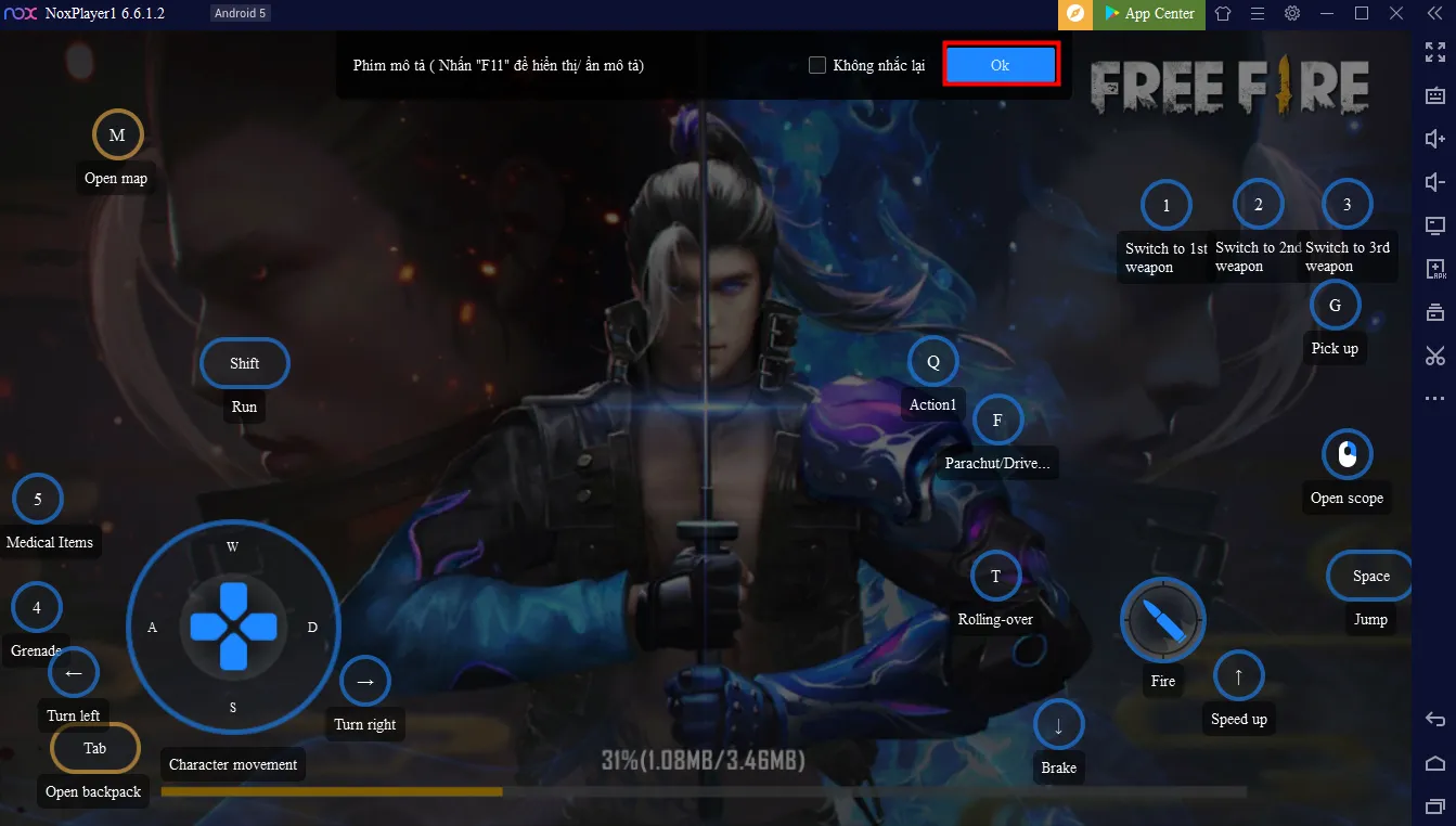 Hình ảnh hướng dẫn cài đặt bàn phím điều khiển (Keyset) trong giả lập NoxPlayer khi đang chạy game Free Fire