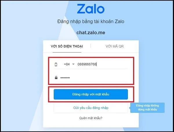 Giao diện đăng nhập Zalo Web, bước đầu tiên để tạo tài khoản Zalo trên máy tính.