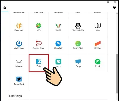 Chọn biểu tượng Zalo trong danh sách các ứng dụng của All-in-One Messenger.