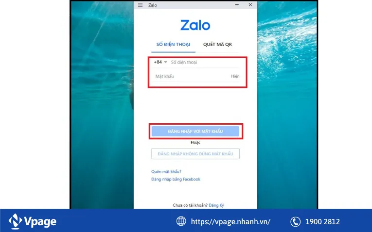 Giao diện đăng nhập tài khoản Zalo thứ hai trên Zalo PC bằng mật khẩu