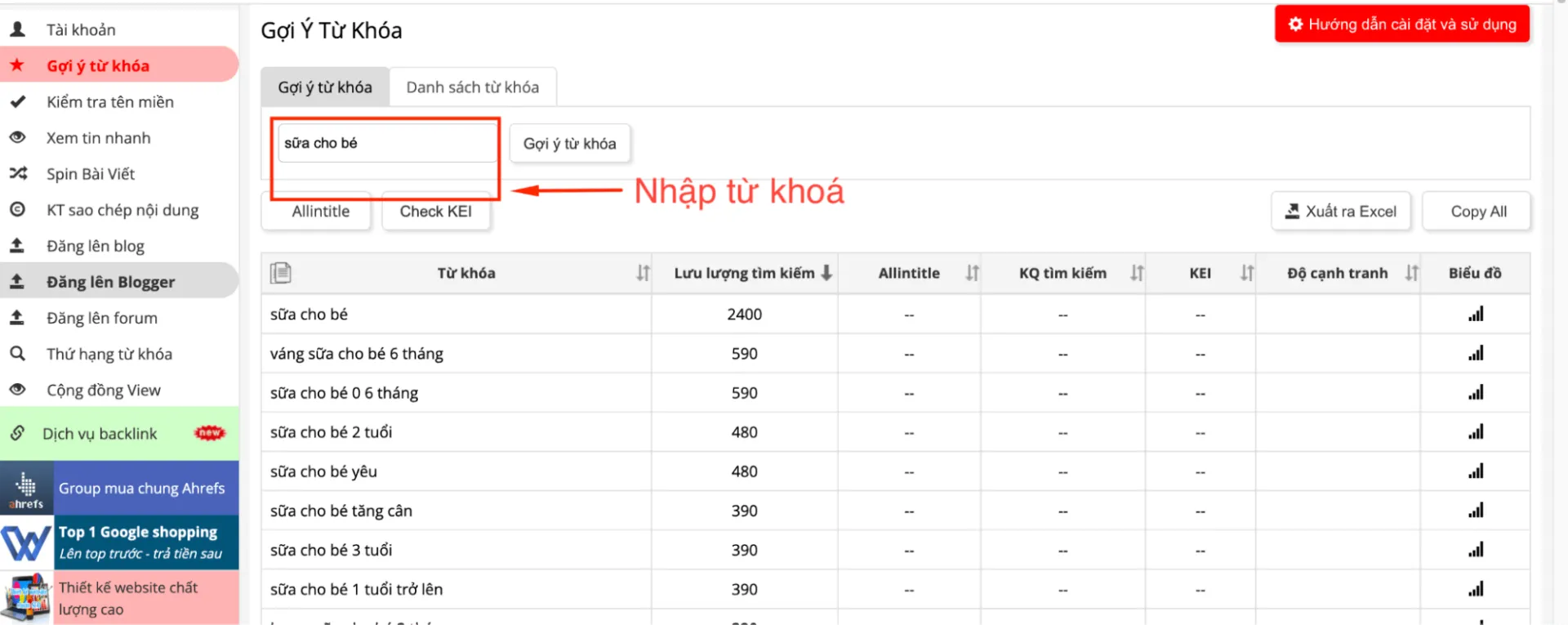 Danh sách từ khóa và Search Volume từ Spineditor, một công cụ nghiên cứu từ khóa tại Việt Nam