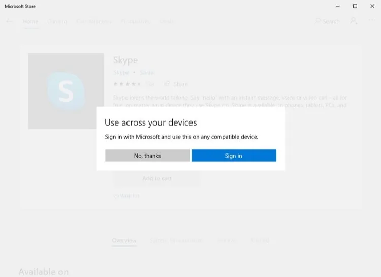 Tùy chọn đăng nhập tài khoản Microsoft khi tải Skype từ Store