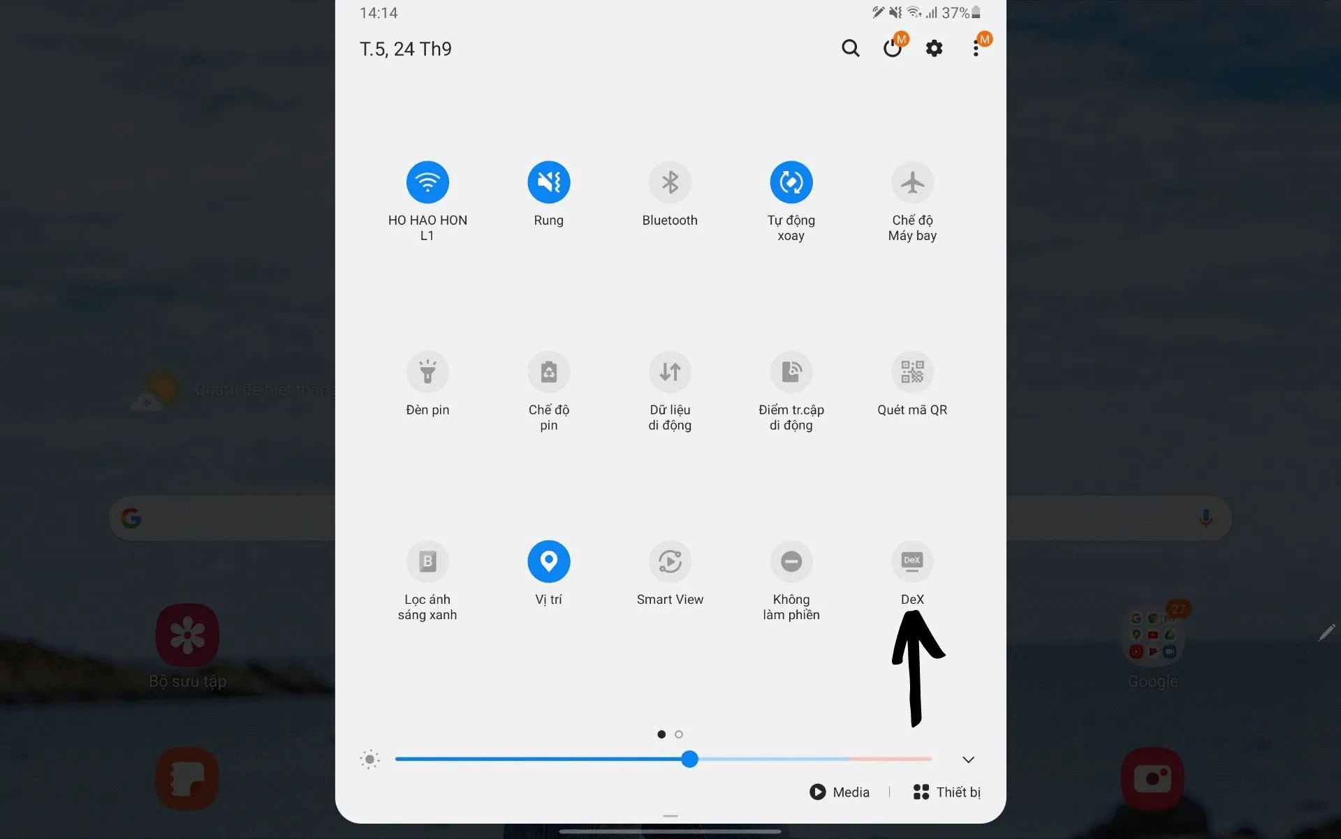 Các bước kích hoạt chế độ Samsung DeX trên máy tính bảng Samsung Galaxy qua thanh thông báo nhanh