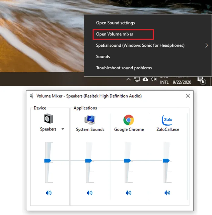 Giao diện hộp thoại Volume Mixer cho phép điều chỉnh âm lượng từng ứng dụng