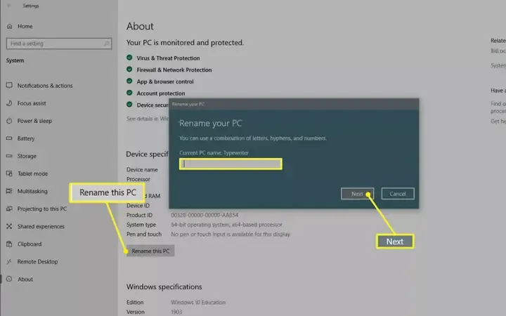 Giao diện nhập tên mới trong hộp thoại Computer Name/Domain Changes, cần tuân thủ quy tắc đặt tên máy tính