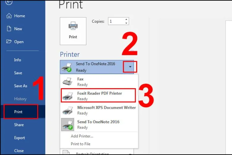 Lựa chọn Print để chuyển file Word sang PDF trên máy tính