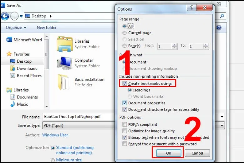 Bước 4: Tùy chọn thiết lập cho file PDF khi lưu