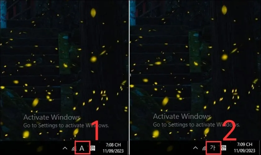 Kích hoạt chế độ nhập liệu Hangeul bằng cách nhấp chuột vào biểu tượng A/가 trên thanh công cụ