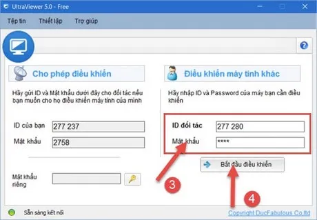 Nhập ID đối tác và mật khẩu ngẫu nhiên trên giao diện UltraViewer để thực hiện kết nối điều khiển máy tính từ xa