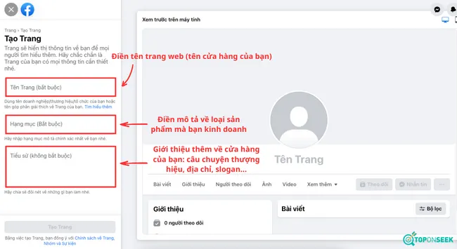 Điền đầy đủ thông tin để tạo trang Fanpage Facebook của bạn