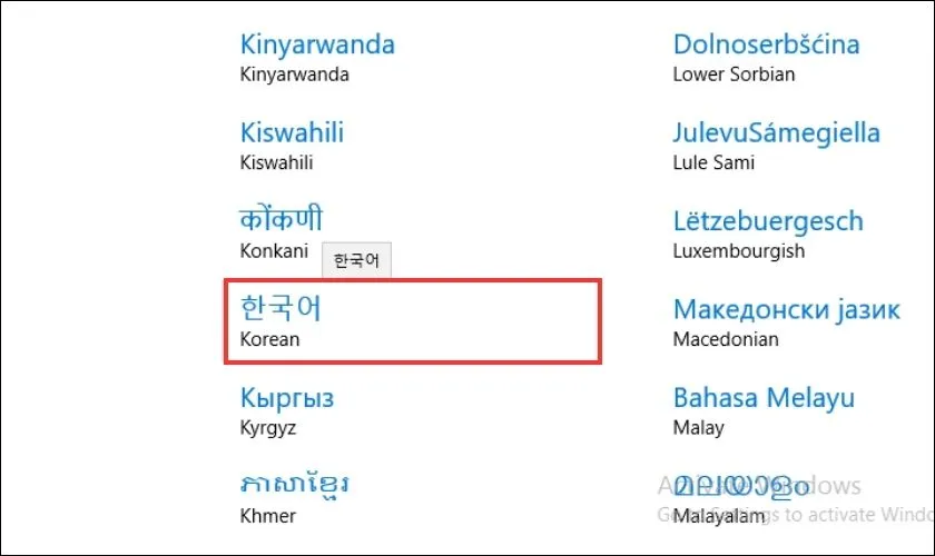 Danh sách ngôn ngữ, tìm kiếm và lựa chọn Korean để hoàn thành việc thiết lập ngôn ngữ tiếng Hàn