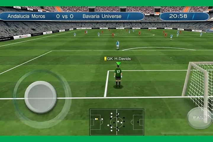 Ảnh chụp màn hình game bóng đá điều khiển một cầu thủ với đồ họa hiện đại và nhiều tùy chọn