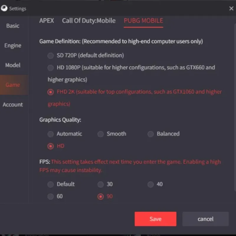 Cài đặt tab Game