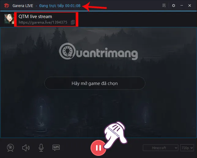 Liên kết chia sẻ video live stream và nút dừng quay trực tiếp trên Garena Live