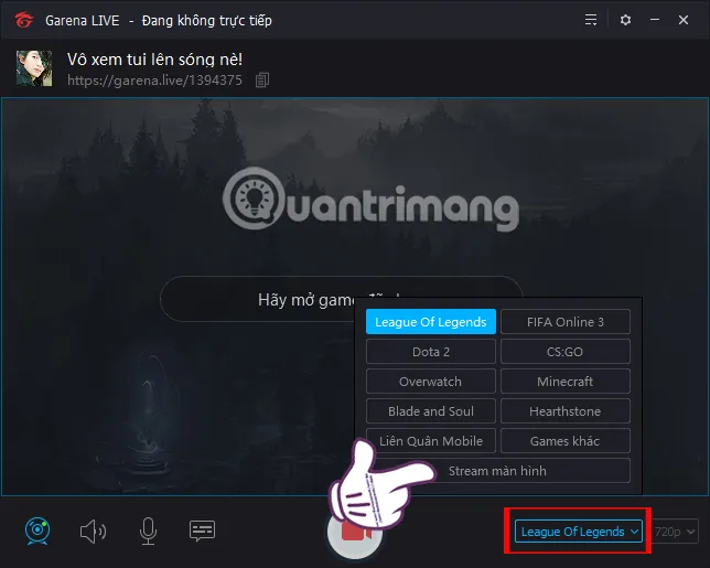 Lựa chọn trò chơi hoặc stream màn hình máy tính để phát trực tiếp nội dung game