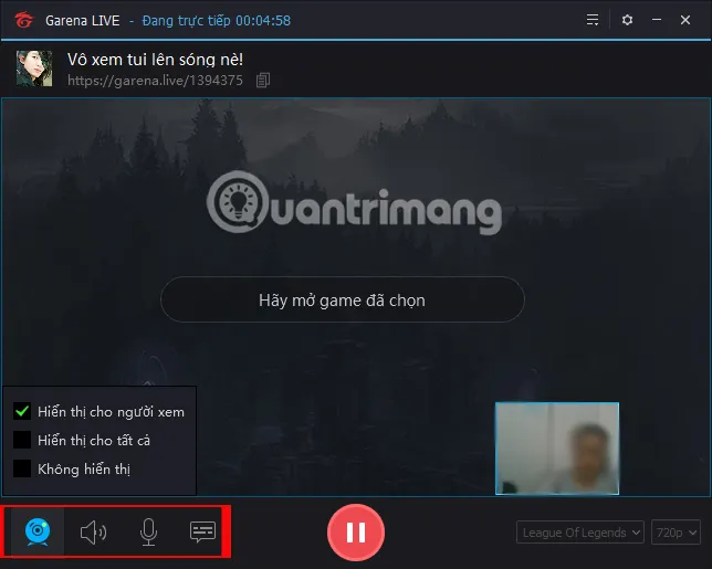 Các tùy chọn điều chỉnh Webcam, Microphone và âm thanh game trong quá trình stream