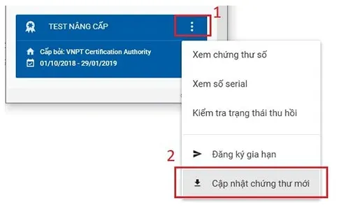 Giao diện chức năng cập nhật chứng thư mới trong VNPT Token Manager AN sau khi khắc phục lỗi máy tính không nhận usb token.