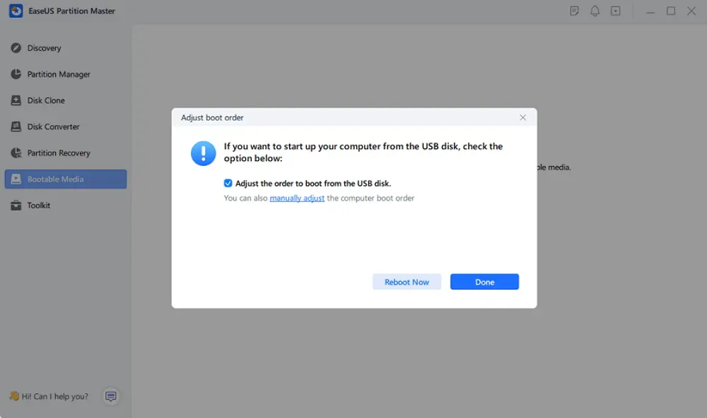 Giao diện EaseUS Partition Master hỏi người dùng muốn khởi động máy tính từ USB bootable hay không