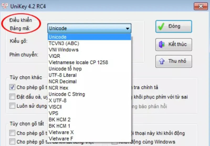 Giao diện Unikey hiển thị các tùy chọn bảng mã và kiểu gõ