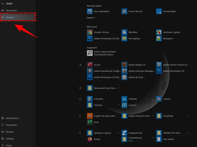 Mở danh sách All Apps trong Start Menu Windows 10 để tìm chương trình cần gỡ bỏ
