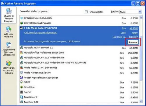 Chọn chương trình và nhấn Remove để gỡ bỏ trên Windows XP