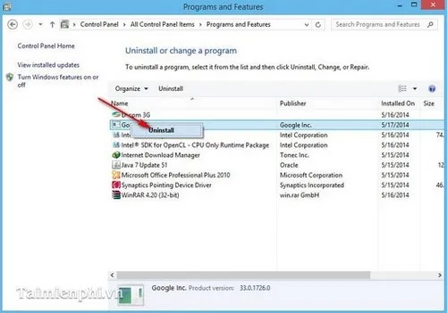 Thao tác chuột phải chọn Uninstall để gỡ bỏ phần mềm trong máy tính