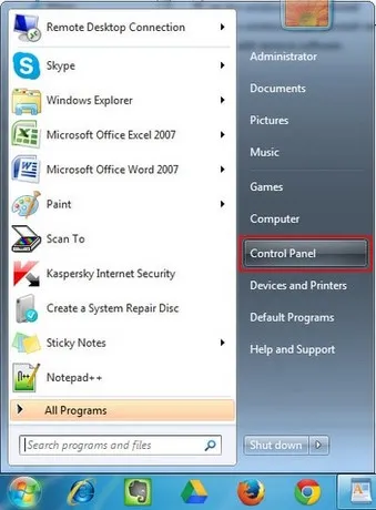 Truy cập Control Panel từ Start Menu trên hệ điều hành Windows 7