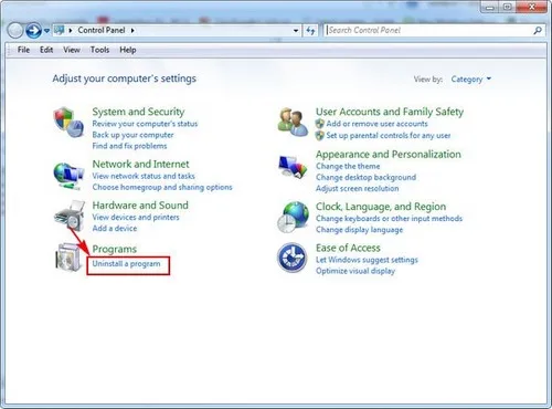 Chọn Uninstall a program trong Control Panel Windows 7