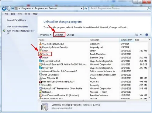 Click nút Uninstall để thực hiện cách xóa chương trình trên máy tính Windows 7