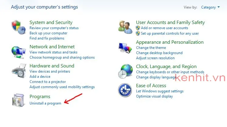 Giao diện Uninstall a program trong Control Panel hướng dẫn cách gỡ ứng dụng trên máy tính win 7
