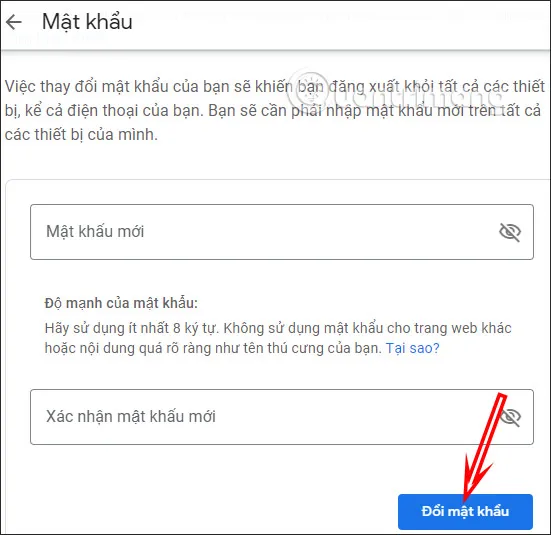 Giao diện nhập mật khẩu mới và xác nhận mật khẩu để hoàn tất cách đổi mật khẩu Google trên máy tính