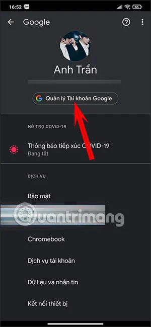 Màn hình quản lý tài khoản Google trên Android để tiến hành đổi mật khẩu