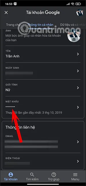 Chọn mục Mật khẩu trong Thông tin cá nhân trên thiết bị di động