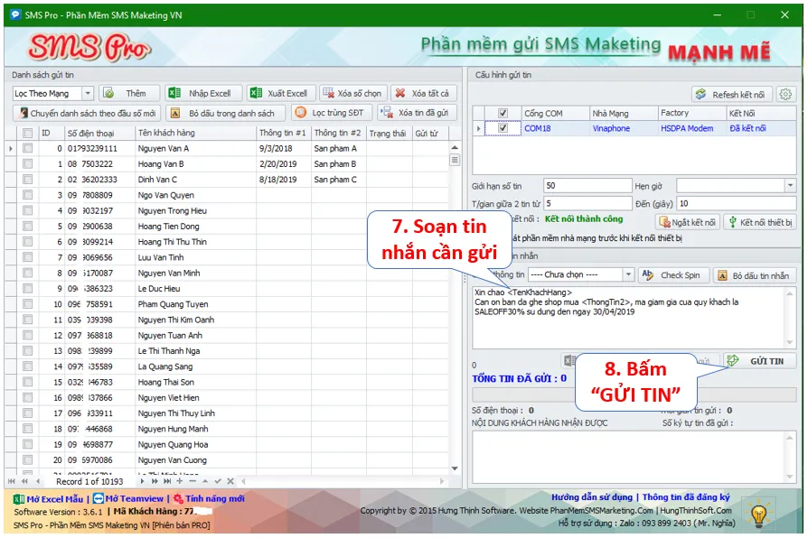 Giao diện soạn thảo và gửi tin nhắn SMS hàng loạt từ máy tính sử dụng cổng COM.