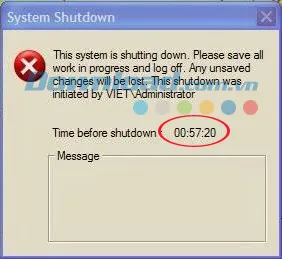 Cửa sổ thông báo xác nhận việc hẹn giờ tắt máy tính tự động trên Windows XP sau khi thực hiện lệnh shutdown