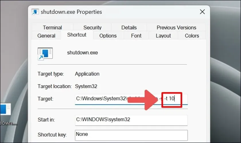 Thay đổi Shortcut vừa tạo