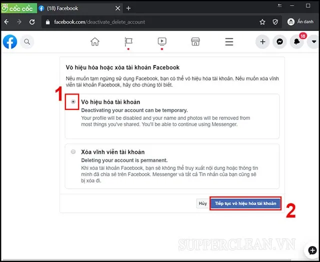 Màn hình lựa chọn vô hiệu hóa tài khoản tạm thời khi thực hiện cách khóa fb trên máy tính