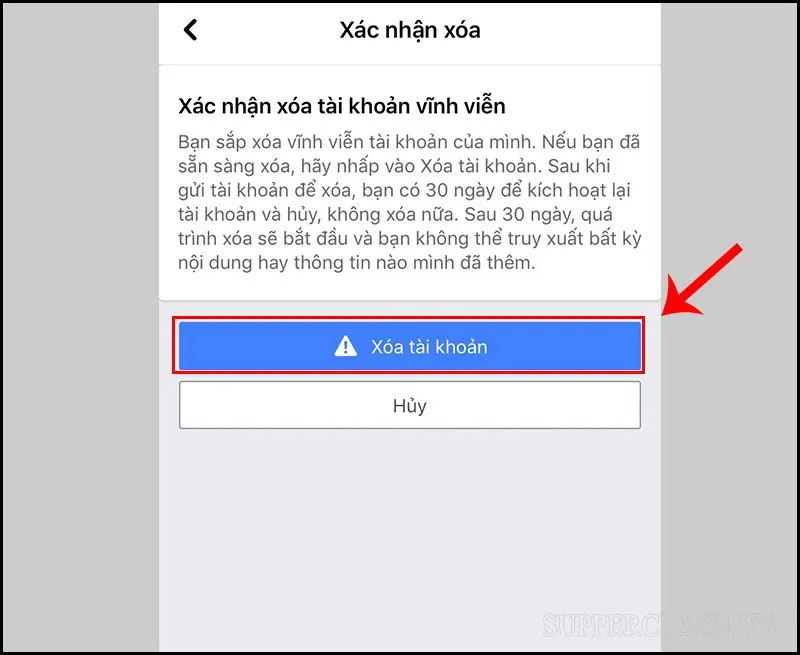 Nút xác nhận cuối cùng để xóa tài khoản Facebook