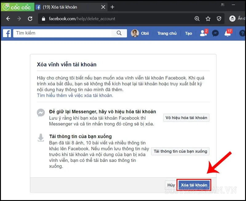 Xác nhận lần cuối cùng quá trình xóa tài khoản Facebook vĩnh viễn trên nền tảng máy tính