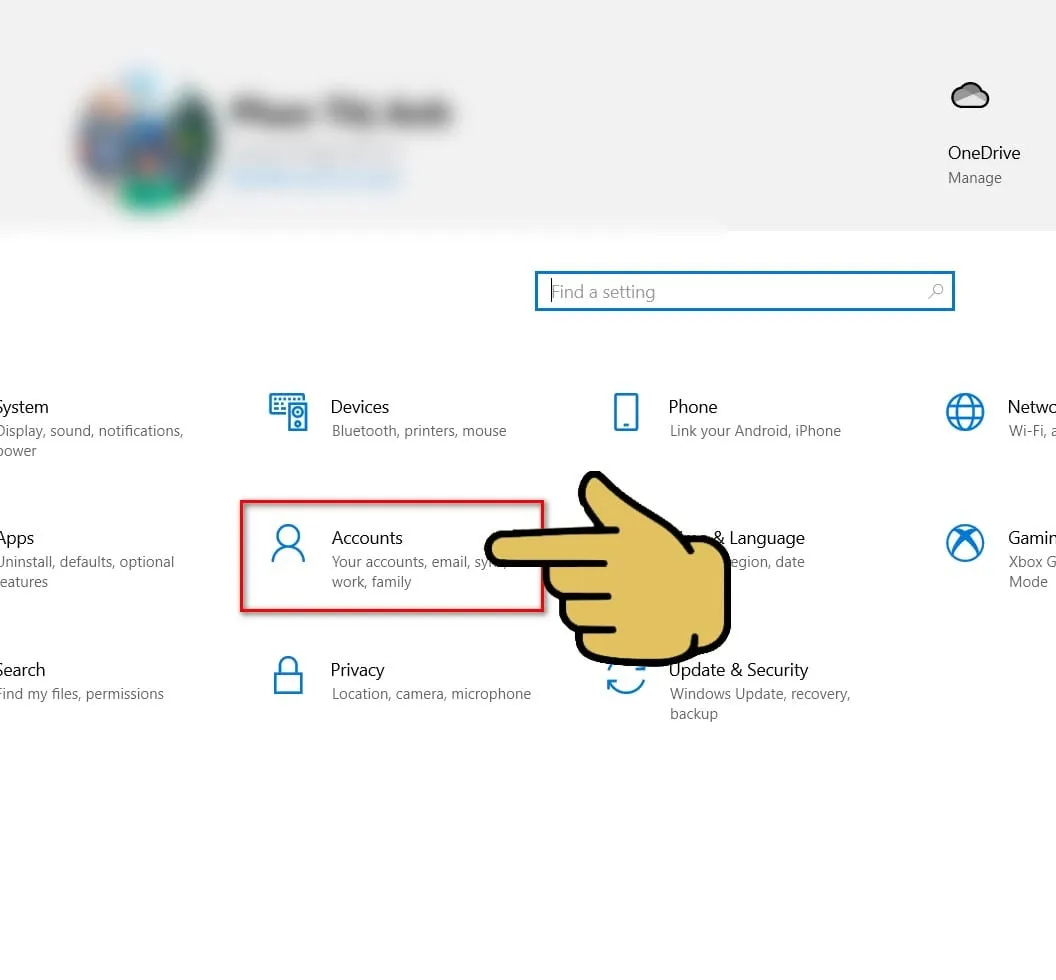 Chọn mục Accounts trong Settings để quản lý thông tin tài khoản người dùng