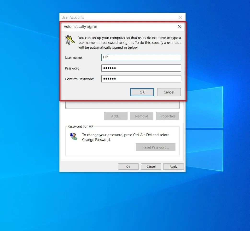 Xác nhận tên người dùng và nhập mật khẩu hiện tại để hoàn tất cách tắt mật khẩu màn hình máy tính qua Netplwiz
