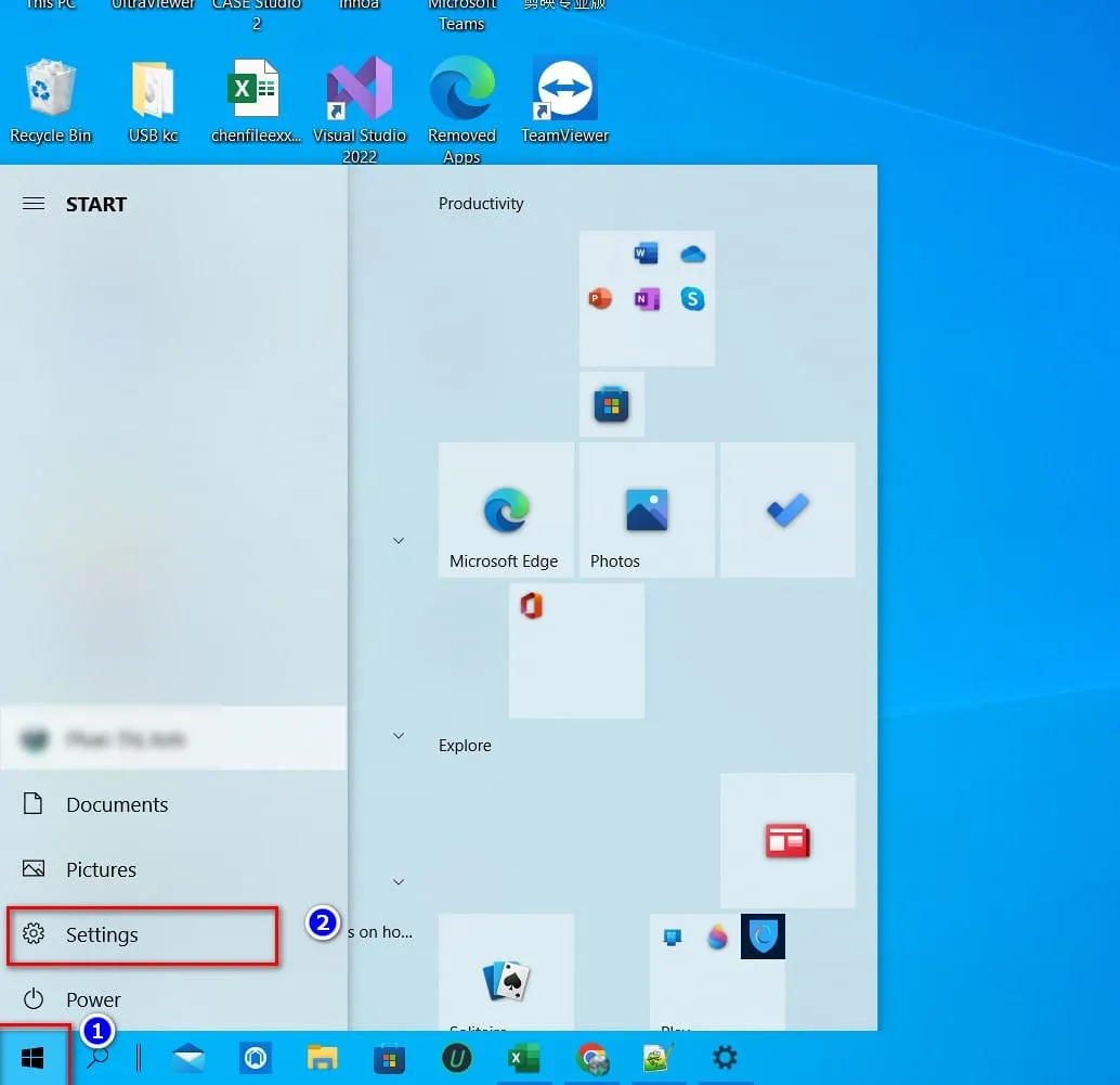 Truy cập Settings Windows bằng biểu tượng bánh răng cưa