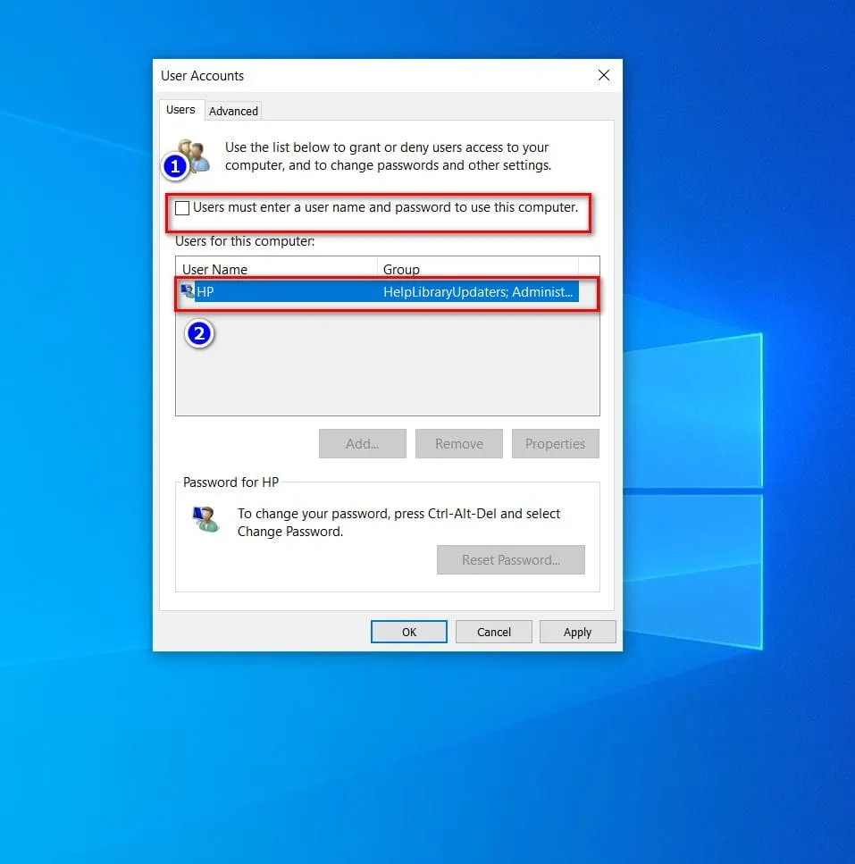 Bỏ chọn yêu cầu nhập mật khẩu để kích hoạt tính năng tự động đăng nhập Windows