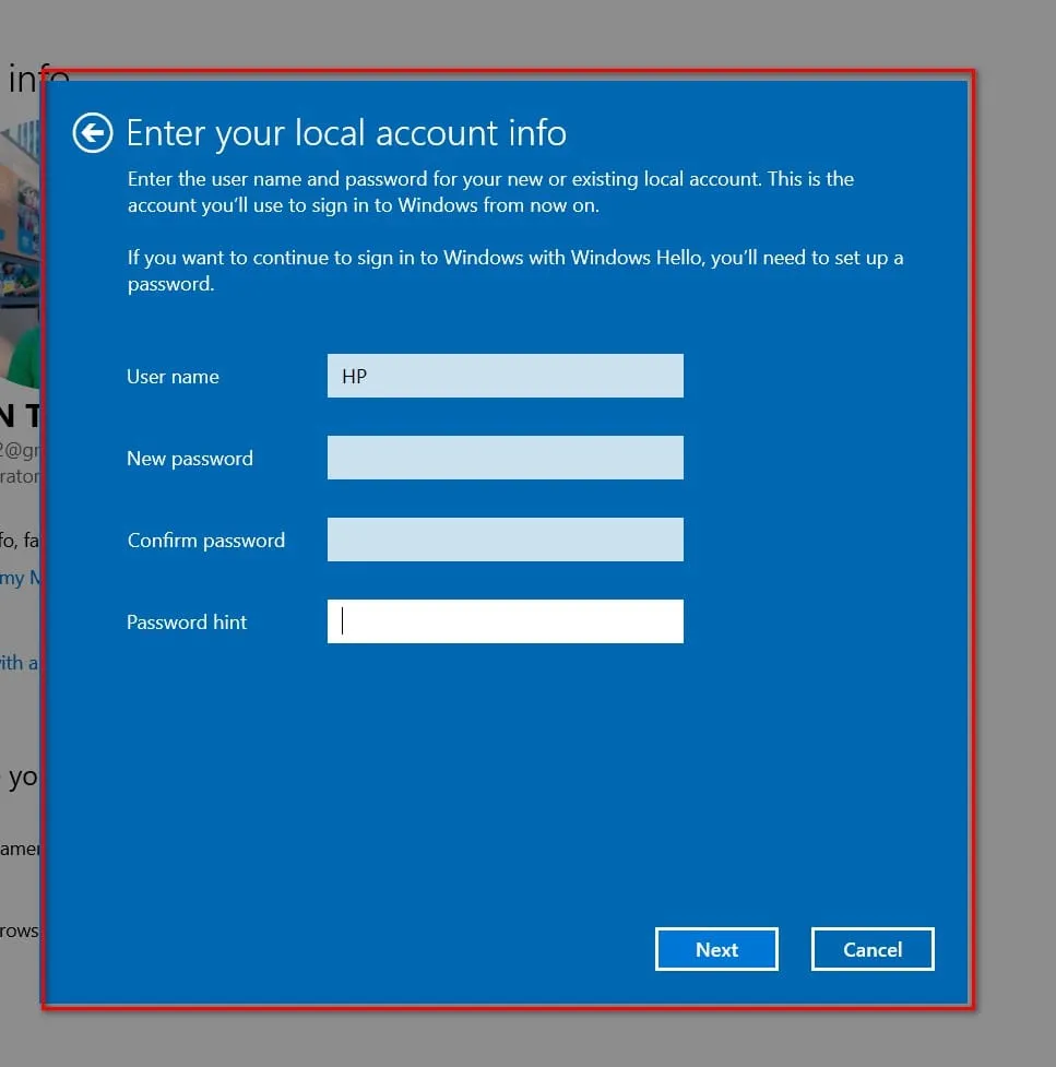 Bỏ trống các ô mật khẩu khi tạo Local Account mới để hoàn thành cách tắt mật khẩu màn hình máy tính