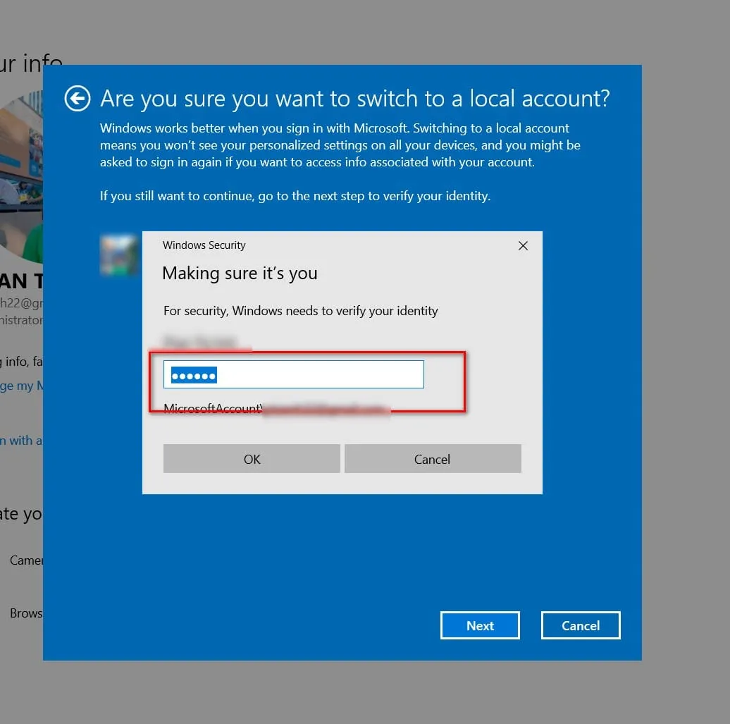 Nhập mật khẩu Microsoft hiện tại để xác nhận việc chuyển đổi sang tài khoản cục bộ