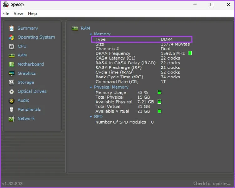 Sử dụng Speccy để xem thông số chi tiết RAM