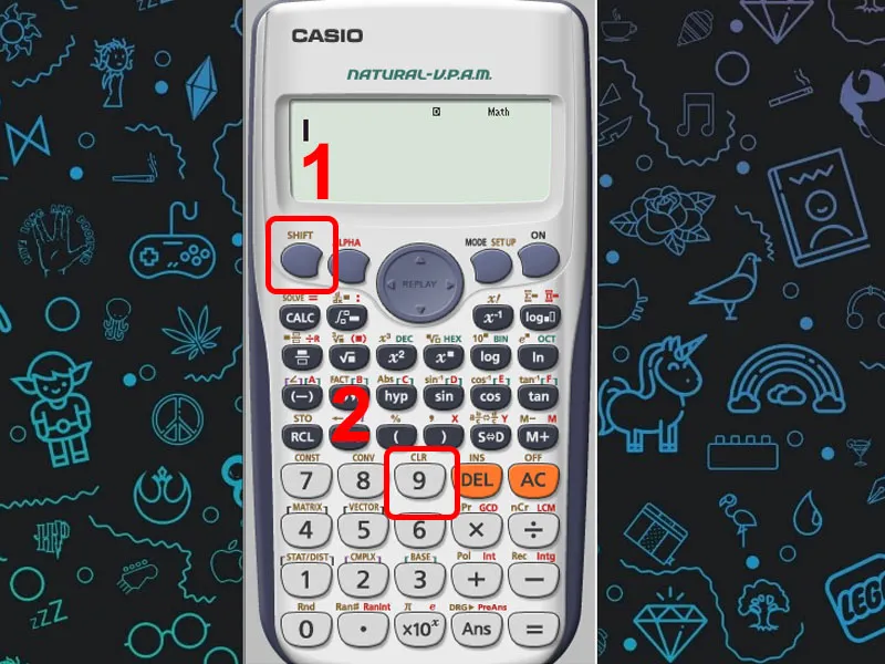 Thao tác nhấn tổ hợp phím SHIFT và phím 9 (CLR) để bắt đầu quá trình cách reset máy tính cầm tay Casio
